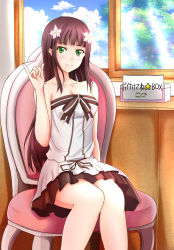 Rule 34 | 10s, 1girl, bare shoulders, blush, breasts, brown hair, chair, cleavage, cloud, cloudy sky, collarbone, day, dress, flower, green eyes, hair flower, hair ornament, highres, kurosawa dia, long hair, looking at viewer, love live!, love live! school idol festival, love live! sunshine!!, medium breasts, mole, mole under mouth, off-shoulder dress, off shoulder, oimari, pinky out, short dress, sidelocks, sitting, sky, smile, solo, translation request, tree, uchicchii, white dress