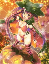 Rule 34 | 1girl, bell, boots, bow, breasts, bridal gauntlets, cape, cleavage, fang, gloves, halloween, hat, jack-o&#039;-lantern, jingle bell, large breasts, long hair, looking at viewer, maki (seventh heaven maxion), navel, one eye closed, open mouth, orange eyes, original, pumpkin, red hair, signpost, sitting, skirt, sky, solo, standing, strapless, striped clothes, striped gloves, striped thighhighs, thighhighs, top hat, tube top, twintails, umbrella, witch hat