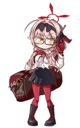 Rule 34 | 1girl, absurdres, aghanseonmul, bag, black footwear, blue archive, boots, bow, bowtie, brown hair, chibi, chinatsu (blue archive), collared shirt, commentary request, full body, glasses, gloves, gun, hair between eyes, hair tubes, hairband, halo, handgun, highres, holding, holding gun, holding weapon, knee boots, long hair, long sleeves, looking at viewer, low twintails, pantyhose, pleated skirt, pointy ears, red gloves, red pantyhose, school uniform, shirt, shoulder bag, sidelocks, simple background, skirt, solo, standing, transparent background, twintails, weapon, yellow eyes