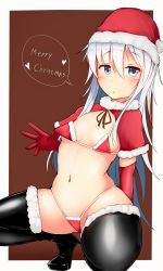 Rule 34 | 1girl, absurdres, bikini, blue eyes, blush, boots, breasts, capelet, christmas, commentary request, elbow gloves, fur-trimmed capelet, fur-trimmed headwear, fur trim, gloves, grey eyes, hat, hibiki (kancolle), high heel boots, high heels, highres, kantai collection, katsuten, long hair, looking at viewer, merry christmas, red bikini, red capelet, red gloves, red hat, santa bikini, santa costume, santa hat, simple background, solo, swimsuit, thigh boots, thighhighs, white hair