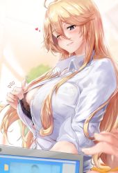 Rule 34 | 1girl, ahoge, alternate costume, black bra, blonde hair, blue eyes, blurry, blurry foreground, blush, bra, breasts, button gap, collared shirt, dress shirt, heart, highres, indoors, iowa (kancolle), kantai collection, lace, lace bra, large breasts, monitor, office lady, one eye closed, osterei, shirt, sleeves rolled up, smile, star-shaped pupils, star (symbol), symbol-shaped pupils, underwear, white shirt