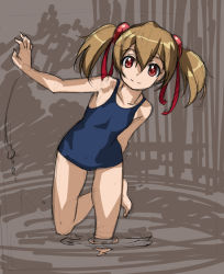Rule 34 | 10s, 1girl, bare shoulders, barefoot, blue one-piece swimsuit, blue school swimsuit, brown hair, collarbone, hair between eyes, hair ornament, hair ribbon, leg up, looking at viewer, one-piece swimsuit, red eyes, ribbon, rohitsuka, school swimsuit, silica, sketch, smile, solo, standing, standing on one leg, swimsuit, sword art online, twintails, wading, water