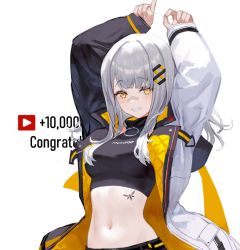Rule 34 | 1girl, arms up, bandaid, bandaid on face, bandaid on nose, black shirt, breasts, crop top, grey hair, grin, hachi (live union), hair ornament, hairclip, izumi sai, jacket, live union, long hair, long sleeves, looking at viewer, medium breasts, midriff, milestone celebration, mole, mole under eye, multicolored clothes, multicolored jacket, navel, open clothes, open jacket, shirt, sleeveless, sleeveless shirt, sleeveless turtleneck, smile, solo, stomach, tattoo, turtleneck, two-tone jacket, upper body, virtual youtuber, yellow eyes