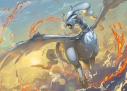 Rule 34 | above clouds, claws, cloud, commentary, creatures (company), fangs, fire, flying, game freak, gen 5 pokemon, legendary pokemon, lens flare, looking to the side, nintendo, no humans, open mouth, outstretched arms, pokemon, pokemon (creature), reshiram, solo, spareribs, sun, tongue