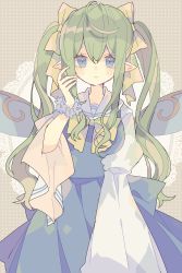 Rule 34 | 1girl, adjusting hair, ahoge, alternate hairstyle, arm at side, blue dress, blue eyes, blush, bow, bowtie, breasts, collared dress, commentary, daiyousei, dot nose, dress, eyes visible through hair, fairy wings, flower, flower bracelet, frown, green hair, hair between eyes, hair bow, hand up, highres, large breasts, long hair, long sleeves, looking at viewer, nikorashi-ka, one-hour drawing challenge, polka dot, polka dot background, sidelocks, simple background, solo, touhou, twintails, upper body, very long hair, white sleeves, wide sleeves, wings, yellow bow, yellow bowtie