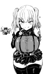 Rule 34 | 2girls, :q, belorta (nikke), belt, binoculars, blush, breasts, chibi, chibi inset, clothing cutout, detached sleeves, fingerless gloves, geist43195783, gloves, goddess of victory: nikke, greyscale, heart, helmet, highres, large breasts, medium hair, mica (nikke), monochrome, multiple girls, pleated skirt, shirt, short twintails, shoulder cutout, shoulder tattoo, simple background, skirt, tattoo, thighhighs, tongue, tongue out, twintails, white background, zettai ryouiki