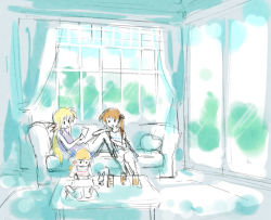 Rule 34 | 00s, 3girls, blonde hair, blush, curtains, family, fate testarossa, indoors, looking at viewer, lyrical nanoha, mahou shoujo lyrical nanoha, mahou shoujo lyrical nanoha strikers, multiple girls, ponytail, side ponytail, sketch, table, takamachi family, takamachi nanoha, vivio