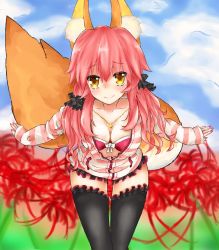 Rule 34 | 10s, 1girl, animal ears, bad id, bad pixiv id, black thighhighs, bow, bra, breasts, cleavage, collarbone, fate/extra, fate (series), female focus, fox ears, fox tail, hair bow, hair ribbon, highres, jewelry, large breasts, looking at viewer, nail polish, necklace, official alternate costume, pink bra, pink hair, ribbon, solo, tail, tamamo (fate), tamamo no mae (fate/extra), tamamo no mae (spring casual) (fate), tapi (tapiest), thighhighs, twintails, underwear, yellow eyes
