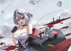 Rule 34 | 1girl, arm up, bare shoulders, black gloves, black hair, blood, blood splatter, blush, bone, braid, breasts, bubble, carcass, cleavage, cocoablue23, collar, fangs, fingerless gloves, gloves, grey sky, hair ornament, highres, hololive, jacket, large breasts, looking at viewer, multicolored hair, nail polish, off shoulder, open mouth, outdoors, plaid, red eyes, red nails, sakamata chloe, silver hair, skull, sky, solo, streaked hair, upper body, virtual youtuber, x hair ornament