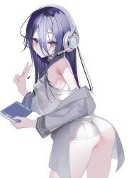 Rule 34 | 1-gou (111touban), 1girl, :/, armpit crease, ass, bare shoulders, black choker, black hair, blush, choker, covered erect nipples, exia (nikke), goddess of victory: nikke, hair between eyes, handheld game console, headphones, headset, highres, holding, holding handheld game console, jacket, leaning forward, long hair, long hair between eyes, looking at viewer, off shoulder, open clothes, open jacket, purple eyes, shirt, sidelocks, simple background, solo, thighs, v, white background, white jacket, white shirt