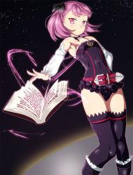 Rule 34 | 1girl, bare shoulders, belt, black thighhighs, book, danpu, detached sleeves, fate/grand order, fate (series), flat chest, helena blavatsky (fate), looking at viewer, purple eyes, purple hair, short hair, smile, solo, strapless, thighhighs, sefirot
