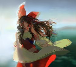 Rule 34 | 1girl, ascot, backlighting, bad id, bad pixiv id, bow, braid, brown hair, detached sleeves, floating hair, glowing, glowing eyes, hair bow, hakurei reimu, hand in own hair, hoshimawa, long hair, midriff, navel, outdoors, parted lips, red bow, red eyes, red skirt, ribbon-trimmed sleeves, ribbon trim, sketch, skirt, sky, solo, standing, touhou, wind, winde