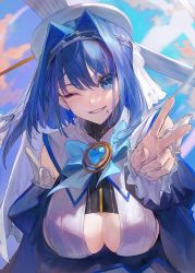 Rule 34 | 1girl, blue eyes, blue hair, bow, bow earrings, breasts, detached sleeves, earrings, hair intakes, halo, highres, hololive, hololive english, jewelry, large breasts, mechanical halo, one eye closed, ouro kronii, ouro kronii (1st costume), punu 26, smile, v, virtual youtuber