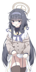 1girl absurdres black_thighhighs blue_archive blue_bow blue_eyes blue_headband blush bow cleft_of_venus clothes_lift grey_hair grey_jacket hair_bow halo headband highres jacket jewelry lifting_own_clothes long_hair looking_at_viewer no_panties open_mouth pendant pussy sailor_collar shinba233 shirt sidelocks simple_background skirt skirt_lift sweat thighhighs ui_(blue_archive) white_background white_sailor_collar white_shirt white_skirt yellow_halo