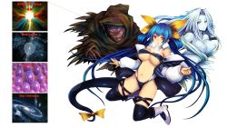 Rule 34 | 1girl, angel and devil, arc system works, blue hair, breasts, dizzy (guilty gear), giant, giantess, guilty gear, highres, huge giantess, large breasts, long hair, multiple giantesses, multiple giants, necro (guilty gear), non-web source, red eyes, ribbon, solo, tail, tail ornament, tail ribbon, thighhighs, third-party edit, transparent background, twintails, underboob, undine (guilty gear), wings