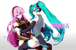 Rule 34 | 2girls, :q, aqua eyes, aqua hair, bad id, bad pixiv id, blue eyes, clothes lift, detached sleeves, hatsune miku, headset, long hair, looking at viewer, looking back, megurine luka, multiple girls, nail polish, naughty face, necktie, necktie grab, neckwear grab, pink hair, sigumado66, sitting, sitting on lap, sitting on person, skirt, skirt lift, thighhighs, tongue, tongue out, twintails, very long hair, vocaloid, yuri