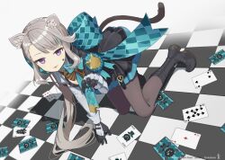 Rule 34 | 1girl, all fours, animal ear fluff, animal ears, aqua bow, black footwear, boots, bow, card, cat ears, cat girl, cat tail, checkered bow, checkered clothes, checkered floor, facial mark, frilled leotard, frills, full body, genshin impact, gloves, grey hair, huge bow, juliet sleeves, kneeling, leotard, long sleeves, looking at viewer, lynette (genshin impact), makadamixa, pantyhose, paw pose, playing card, puffy sleeves, purple eyes, solo, star (symbol), star facial mark, star tattoo, tail, tattoo, tongue, tongue out, two-tone gloves, two-tone skirt