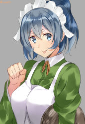 Rule 34 | 10s, 1girl, :p, apron, blue eyes, blush, bow, bowtie, breasts, clenched hand, collared dress, dress, dungeon ni deai wo motomeru no wa machigatteiru darou ka, female focus, green dress, grey background, grey hair, hair between eyes, headdress, isshiki (ffmania7), large breasts, long sleeves, looking at viewer, maid, maid apron, maid headdress, medium hair, neck, orange bow, orange bowtie, ponytail, puffy long sleeves, puffy sleeves, simple background, smile, solo, syr flover, tongue, tongue out, tray, upper body, waitress, white apron