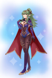 Rule 34 | 1girl, absurdres, black gloves, black pantyhose, blue leotard, breasts, cape, cleavage, commentary request, cosplay, detached sleeves, fire emblem, fire emblem awakening, full body, genshin impact, gloves, green eyes, green hair, hair between eyes, hazuki (nyorosuke), high heels, highres, large breasts, leotard, long hair, long sleeves, looking at viewer, mona (genshin impact), mona (genshin impact) (cosplay), nintendo, pantyhose, pointy ears, ponytail, sidelocks, smile, solo, standing, strapless, strapless leotard, thighs, tiki (fire emblem)