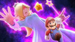 Rule 34 | 1boy, 1girl, blonde hair, blue dress, blue eyes, breasts, brown hair, crown, dress, earrings, facial hair, gloves, hair over one eye, hat, jewelry, looking at another, mario, mario (series), mustache, nervous, nintendo, overalls, red eyes, rosalina, running, super mario galaxy, wand