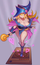 Rule 34 | 1girl, absurdres, bare legs, bare shoulders, blonde hair, blue footwear, blush, blush stickers, boots, bracer, breasts, card (medium), cleavage, collarbone, dark magician girl, duel monster, green eyes, hair between eyes, hat, heart, highres, large breasts, long hair, long legs, simple background, solo, ttt (titatuem), wand, witch hat, yu-gi-oh!