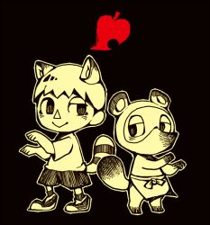 Rule 34 | 2boys, :&gt;, animal crossing, animal ears, ankle socks, apron, black background, closed mouth, furry, furry male, greyscale, half-closed eye, kemonomimi mode, leaf, looking at another, male focus, mario (series), monochrome, multiple boys, nintendo, outline, paw pose, raccoon boy, raccoon ears, raccoon tail, shirt, shoes, short hair, short sleeves, shorts, simple background, smile, sneakers, socks, spot color, super smash bros., t-shirt, tail, teijiro, tom nook (animal crossing), triangle nose, villager (animal crossing), waist apron, white outline
