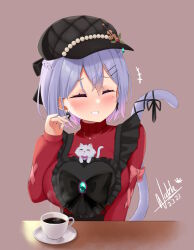 Rule 34 | 1girl, absurdres, apron, black apron, black hat, blue hair, bow, braid, breasts, brown background, cabbie hat, cat, cat tail, closed eyes, commentary, cup, dated, earrings, english commentary, facing viewer, french braid, hat, highres, hiiragi emuri, holly, instrument, jewelry, large breasts, mythic live, natch imaycz, parted lips, pendant, pink bow, ribbon, short hair, signature, simple background, smile, tail, tail ornament, tail ribbon, upper body, violin, virtual youtuber