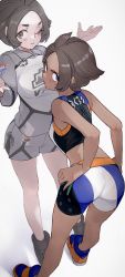 Rule 34 | 2girls, ;), ass, bent over, bike shorts, blue eyes, blue footwear, blush, brown hair, closed mouth, collared shirt, commentary, creatures (company), game freak, grey shirt, grey shorts, gym trainer (pokemon), hands on own hips, hands up, highres, kashu (hizake), long sleeves, multiple girls, nintendo, one eye closed, pokemon, pokemon swsh, shirt, shoes, short hair, shorts, smile, sports bra, standing, symbol-only commentary, white background