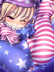 Rule 34 | 1girl, american flag dress, american flag legwear, ass, blonde hair, blush, breasts, cameltoe, chabo (fuketsudan), cleft of venus, clownpiece, covered erect nipples, fairy wings, fat mons, hat, highres, jester cap, long hair, open mouth, pantyhose, red eyes, short sleeves, simple background, small breasts, smile, solo, star (symbol), striped, touhou, wings