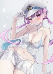 Rule 34 | 1girl, absurdres, bare shoulders, blush, bracelet, braid, breasts, choker, cleavage, collarbone, cowboy shot, gloves, gyoku seisyoku, hat, highres, hololive, jewelry, looking at viewer, medium breasts, minato aqua, navel, pink eyes, pink hair, solo, swimsuit, twintails, virtual youtuber, wet