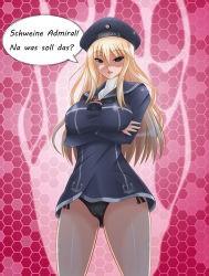 Rule 34 | 1girl, alternate costume, bismarck (kancolle), black panties, blonde hair, blue eyes, bottomless, breast hold, breasts, buttons, cameltoe, check translation, clothes writing, cosplay, crossed arms, fingernails, german text, grey eyes, hat, highres, kantai collection, large breasts, long hair, long sleeves, looking at viewer, neckerchief, no pants, open mouth, panties, ranguage, sailor collar, sailor hat, shaded face, solo, speech bubble, taut clothes, tk (butakuma), translated, translation request, underwear, z1 leberecht maass (kancolle), z1 leberecht maass (kancolle) (cosplay)