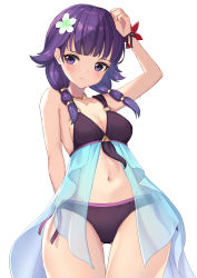 Rule 34 | 1girl, absurdres, arm up, bikini, black bikini, breasts, cleavage, closed mouth, fire emblem, fire emblem: the sacred stones, fire emblem heroes, flower, hair flower, hair ornament, hako momiji, highres, lute (fire emblem), navel, nintendo, purple eyes, purple hair, see-through, simple background, solo, swimsuit, white background, wide hips