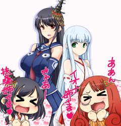 Rule 34 | &gt; &lt;, 4girls, :d, aoki hagane no arpeggio, bare shoulders, black hair, blue hair, blush, breasts, chibi, closed eyes, cosplay, costume switch, crossover, detached sleeves, fujita saki, fusou (kancolle), fusou (kancolle) (cosplay), green eyes, headgear, heart, hyuuga (aoki hagane no arpeggio), iona (aoki hagane no arpeggio), iona (cosplay), kantai collection, kuon (nokokopopo), large breasts, long hair, monocle, multiple girls, nontraditional miko, open mouth, orange hair, red eyes, school uniform, serafuku, simple background, smile, very long hair, voice actor connection, xd, yamashiro (kancolle)