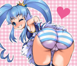 Rule 34 | 10s, 1girl, ass, bad id, bad pixiv id, blue eyes, blue hair, blush, cameltoe, cleft of venus, crown, cure princess, happinesscharge precure!, heart, long hair, looking at viewer, looking back, magical girl, matching hair/eyes, nikobun, one eye closed, panties, precure, shirayuki hime, solo, striped clothes, striped panties, twintails, underwear, wink