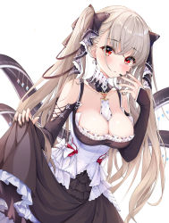 Rule 34 | 1girl, absurdres, azur lane, black bow, black dress, black nails, blush, bow, breasts, cleavage, closed mouth, clothes lift, collarbone, commentary request, detached collar, dress, dress lift, flight deck, formidable (azur lane), frilled dress, frills, hair bow, hand up, highres, large breasts, lebring, long hair, long sleeves, looking at viewer, nail polish, red eyes, silver hair, simple background, solo, twintails, white background