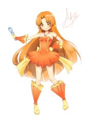 Rule 34 | 1girl, absurdres, bare shoulders, beautiful witch sakuran, dress, frilled dress, frills, full body, gloves, hair intakes, highres, idol, jewelry, long hair, looking at viewer, mermaid melody pichi pichi pitch, microphone, necklace, orange dress, orange eyes, orange footwear, orange gloves, orange hair, seira (mermaid melody pichi pichi pitch), signature, simple background, solo, sparkle, standing, white background