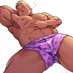 Rule 34 | 1boy, abs, armpit hair, armpits, bara, blonde hair, blush, boxers, bulge, crotch, drooling, feet out of frame, heart, heart print, hima (nichikan), large pectorals, lying, male focus, male underwear, mature male, mouth drool, muscular, muscular male, navel, navel hair, nipples, on back, original, pectorals, purple male underwear, short hair, sideburns, sleeping, solo, spread legs, stomach, thick thighs, thighs, topless male, undercut, underwear, white background