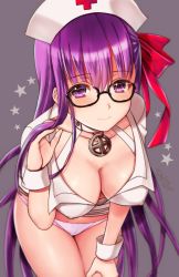 Rule 34 | 10s, 1girl, adjusting hair, artist name, bb (bb shot!) (fate), bb (fate), bb (fate/extra), bespectacled, black-framed eyewear, blush, breasts, closed mouth, collarbone, commentary request, covered erect nipples, cowboy shot, fate/extra, fate/extra ccc, fate (series), glasses, hair between eyes, hair ribbon, hand on own thigh, hand up, hanging breasts, hat, jewelry, leaning forward, long hair, looking at viewer, medium breasts, nurse, nurse cap, panties, pendant, pink panties, red ribbon, ribbon, seiru (prairie), semi-rimless eyewear, shirt, short sleeves, simple background, smile, solo, standing, star (symbol), tareme, thighs, under-rim eyewear, underwear, very long hair, white shirt, wrist cuffs