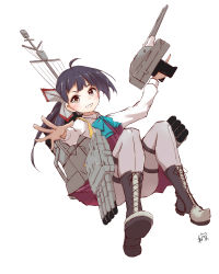 Rule 34 | absurdres, adapted turret, ahoge, asymmetrical bangs, black hair, boots, bow, bowtie, brown eyes, cannon, cross-laced footwear, dress, fujinami (kancolle), grey pantyhose, grin, hair ribbon, highres, kantai collection, lace-up boots, long hair, looking at viewer, machinery, neve (morris-minicooper), pantyhose, ribbon, school uniform, shirt, side ponytail, sleeveless, sleeveless dress, smile, smokestack, solo, torpedo launcher, turret, white ribbon, white shirt
