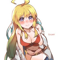 Rule 34 | 1girl, ahoge, alternate costume, bare shoulders, belt, blonde hair, blue eyes, blush, breasts, cleavage, commentary request, cosplay, cygames, dragalia lost, hair ribbon, hand on own chest, highres, jacket, leaning forward, long hair, looking at viewer, medium breasts, navel, nintendo, nose blush, po pooch, ribbon, sinoa, sinoa (cosplay), smile, solo, swimsuit, twitter username, white background, zethia