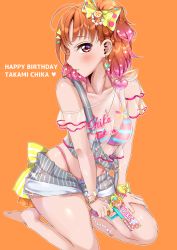 Rule 34 | 1girl, a chika-tastic summer, ahoge, barefoot, bead bracelet, beads, bikini, blush, bow, bracelet, breasts, character name, clothes writing, collarbone, commentary, diamond earrings, earrings, gradient hair, hair bow, hand on own thigh, happy birthday, highres, holding, holding water gun, jewelry, kneeling, looking at viewer, love live!, love live! school idol festival all stars, love live! sunshine!!, medium breasts, multicolored hair, off shoulder, open fly, orange background, orange hair, outline, panda copt, parted lips, pink bikini, pink hair, pinstripe pattern, polka dot, polka dot bow, profile, red eyes, see-through, see-through shirt, short hair, short shorts, shorts, simple background, solo, striped bikini, striped clothes, striped shorts, swimsuit, takami chika, vertical-striped clothes, vertical-striped shorts, water gun, white outline, yellow bow