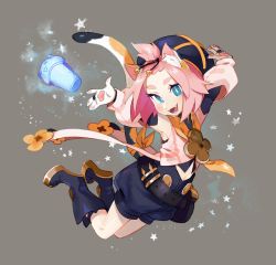 Rule 34 | 1girl, animal ear fluff, animal ears, aqua eyes, arms up, black footwear, black shorts, blush, boots, bright pupils, brown background, cat ears, cat girl, cat tail, detached sleeves, diona (genshin impact), genshin impact, gloves, highres, looking at viewer, medium hair, open mouth, pink hair, pink shirt, puffy shorts, shirt, shorts, smile, solo, star (symbol), tail, white pupils, zambiie