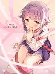 Rule 34 | 1girl, 2019, :3, :d, abstract background, arm support, blush, bound, brown eyes, collared shirt, commentary, done kanda, dot nose, frilled skirt, frilled sleeves, frills, hair intakes, hand to own mouth, hand up, happy valentine, idolmaster, idolmaster cinderella girls, idolmaster cinderella girls starlight stage, koshimizu sachiko, light purple hair, long sleeves, open mouth, pink background, pinstripe pattern, purple neckwear, ribbon, ribbon bondage, shirt, short hair, sitting, skirt, smile, solo, striped, valentine, white shirt