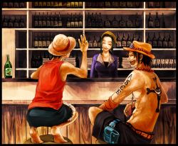 Rule 34 | 1girl, 2boys, bandana, bar (place), barefoot, barmaid, belt, black hair, bottle, brother, brothers, east blue, hat, jolly roger, makino (one piece), monkey d. luffy, multiple boys, one piece, open mouth, pirate, portgas d. ace, purple shirt, shirt, shorts, siblings, sitting, smile, straw hat, tattoo, time paradox, topless, tsuyomaru