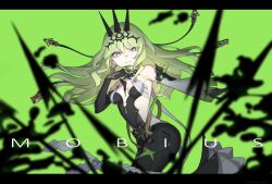 Rule 34 | 1girl, asymmetrical gloves, bare shoulders, black dress, black gloves, character name, claw ring, crown, detached sleeves, dress, earrings, gloves, green background, green eyes, green hair, green theme, headpiece, highres, honkai (series), honkai impact 3rd, jewelry, karame rise, long hair, looking at viewer, mismatched gloves, mixed-language commentary, mobius (honkai impact), sideless outfit, simple background, single detached sleeve, single earring, single sleeve, sleeveless, sleeveless dress, slit pupils, smile, solo, wavy hair