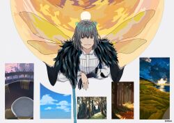 Rule 34 | 1boy, absurdres, black cape, black feathers, blue sky, cape, closed mouth, dragonfly wings, dress shirt, fate/grand order, fate (series), feather-trimmed cape, feathers, forest, frilled shirt, frills, grass, grey eyes, grey hair, hair between eyes, highres, long sleeves, male focus, nature, oberon (third ascension) (fate), shirt, short hair, sky, solo, white shirt