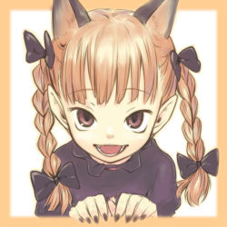 Rule 34 | 1girl, :d, animal ears, black nails, blunt bangs, border, bow, braid, cat ears, extra ears, fangs, hair bow, happy, kaenbyou rin, long hair, looking at viewer, nail polish, nametake, open mouth, outside border, pointy ears, red eyes, red hair, simple background, smile, solo, touhou, twin braids, twintails, upper body, upturned eyes, white background