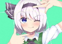 Rule 34 | 1girl, ;p, black hairband, blue eyes, closed mouth, finger frame, green background, hairband, highres, konpaku youmu, looking at viewer, one eye closed, short hair, simple background, smile, solo, terecho, tongue, tongue out, touhou, upper body, white hair