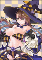 Rule 34 | 10s, 1girl, armpits, beatrix (granblue fantasy), breasts, chausu, checkered background, detached sleeves, gloves, granblue fantasy, hat, long hair, medium breasts, nipples, solo, striped clothes, striped thighhighs, sweat, thighhighs, wardrobe malfunction, witch hat