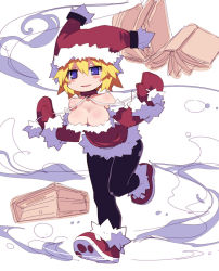 Rule 34 | 1girl, bare shoulders, black legwear, blue eyes, blush, breasts, cleavage, dress, highres, microdress, mittens, nippon ichi, open mouth, phantom brave, pointy ears, purple eyes, red mittens, santa costume, short hair, simple background, solo, strapless, strapless dress, white background, witch, witch (phantom brave), zankuro